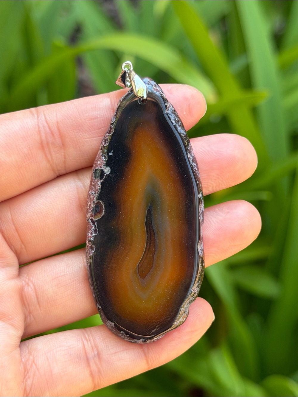 Sterling Silver 925 Long Banded Black and Orange Agate Pendant 2550 - Picture 6 of 6